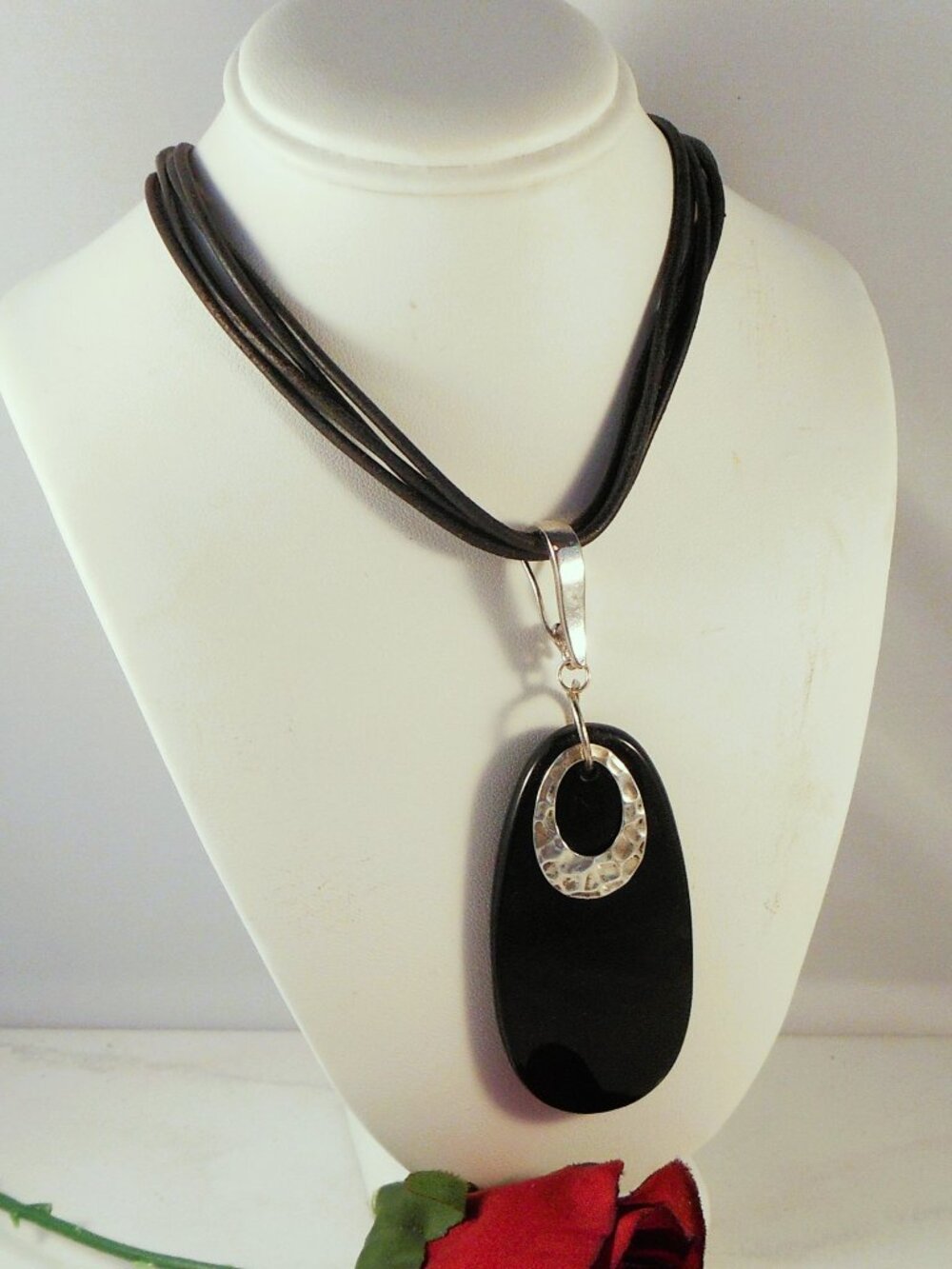 Silpada Onyx & Sterling Pendant on Black Leather Cords Adjustable Length N1098